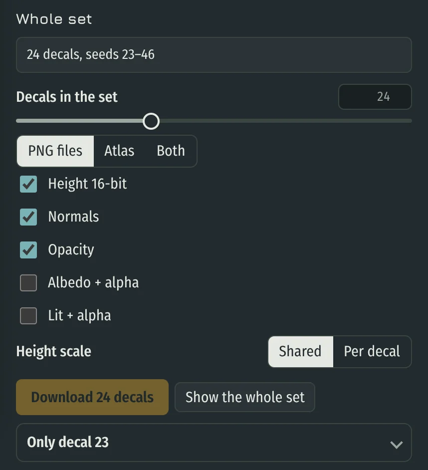Decal export with set size, PNG files, Atlas or Both, maps, Height scale and Download