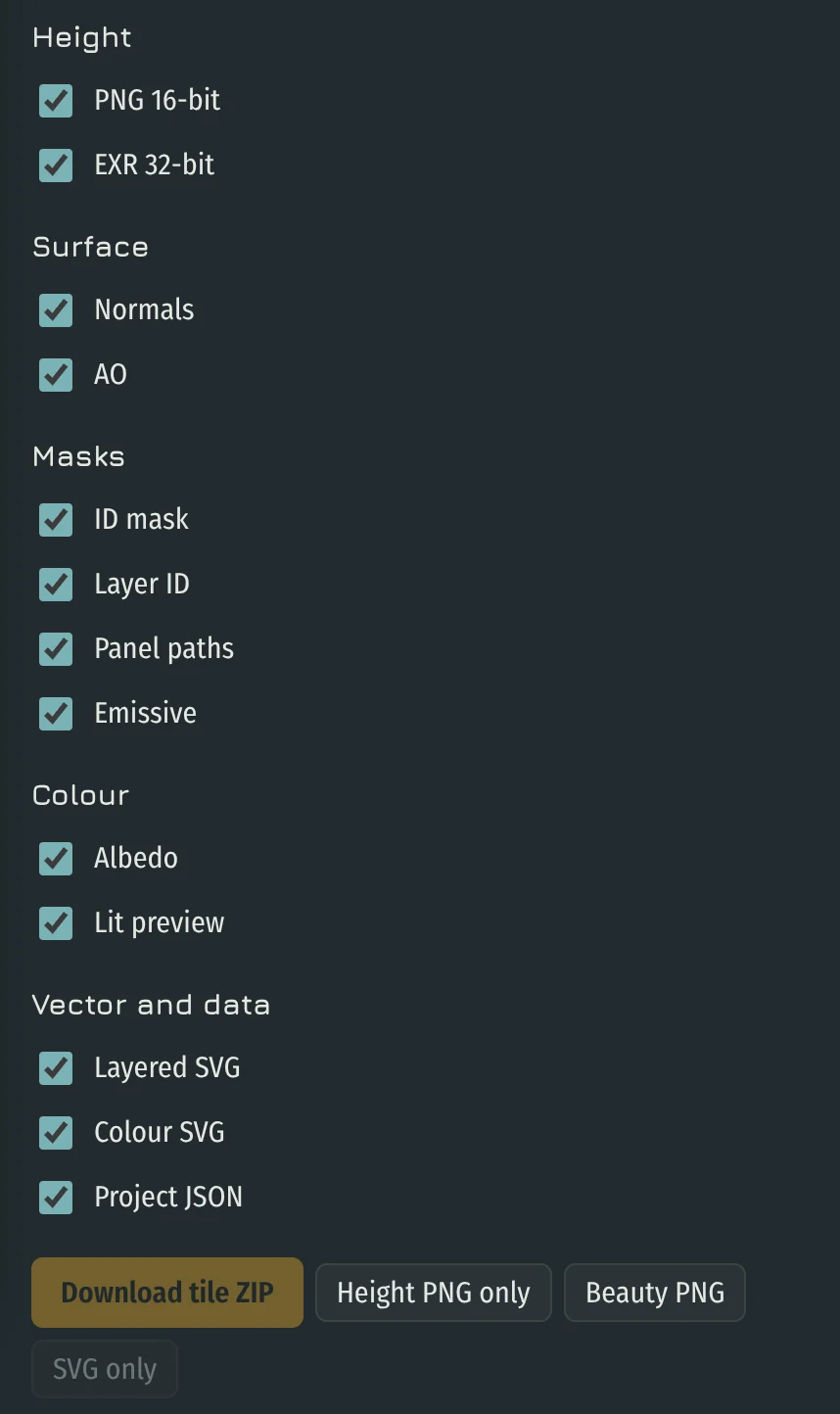 Tile export with map tick boxes and the Download tile ZIP, Height PNG only, Beauty PNG and SVG only buttons