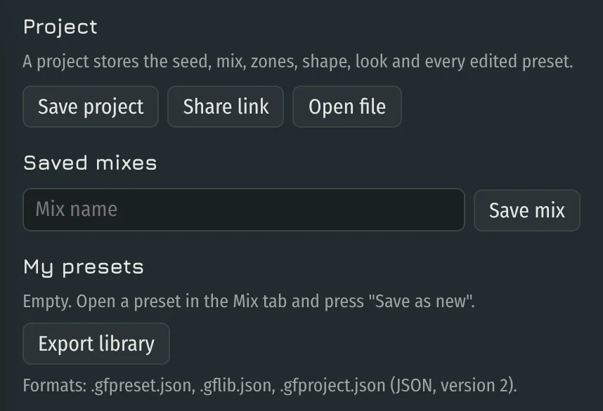 Library tab with Save project, Share link, Open file, Saved mixes and My presets