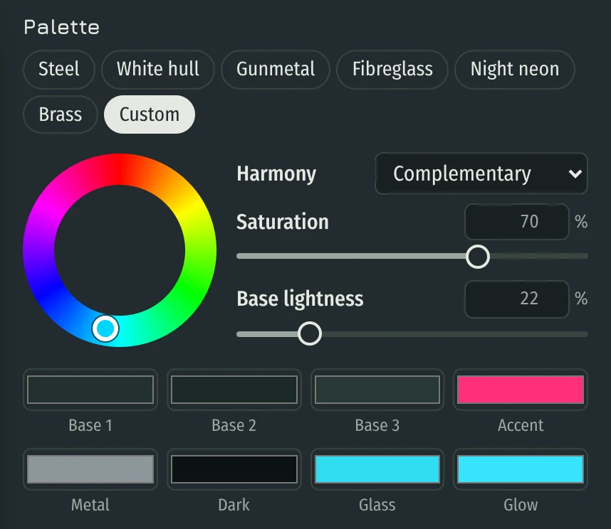 Look tab with palettes, colour wheel, harmony and eight swatches