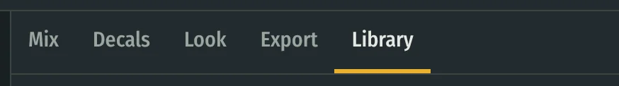 Tabs in the Decals mode: Mix, Decals, Look, Export, Library