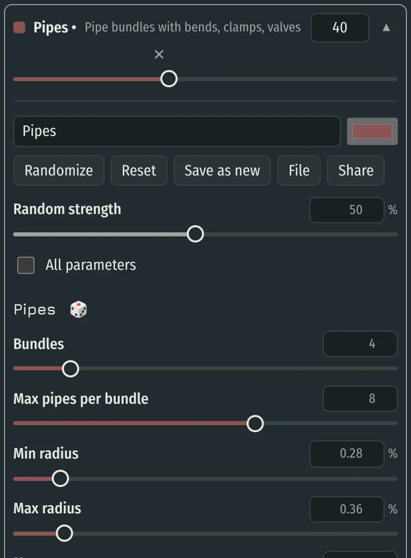 Open Pipes preset card with Randomize, Reset, Save as new, File, Share and the Pipes settings