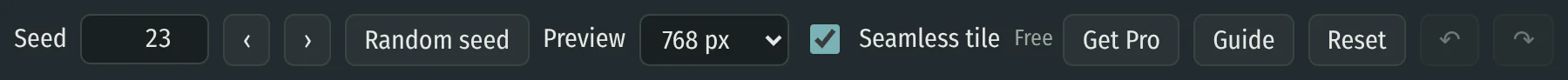 Top bar with seed, seed arrows, Random seed, preview resolution, Seamless tile, Guide, Reset, Undo and Redo