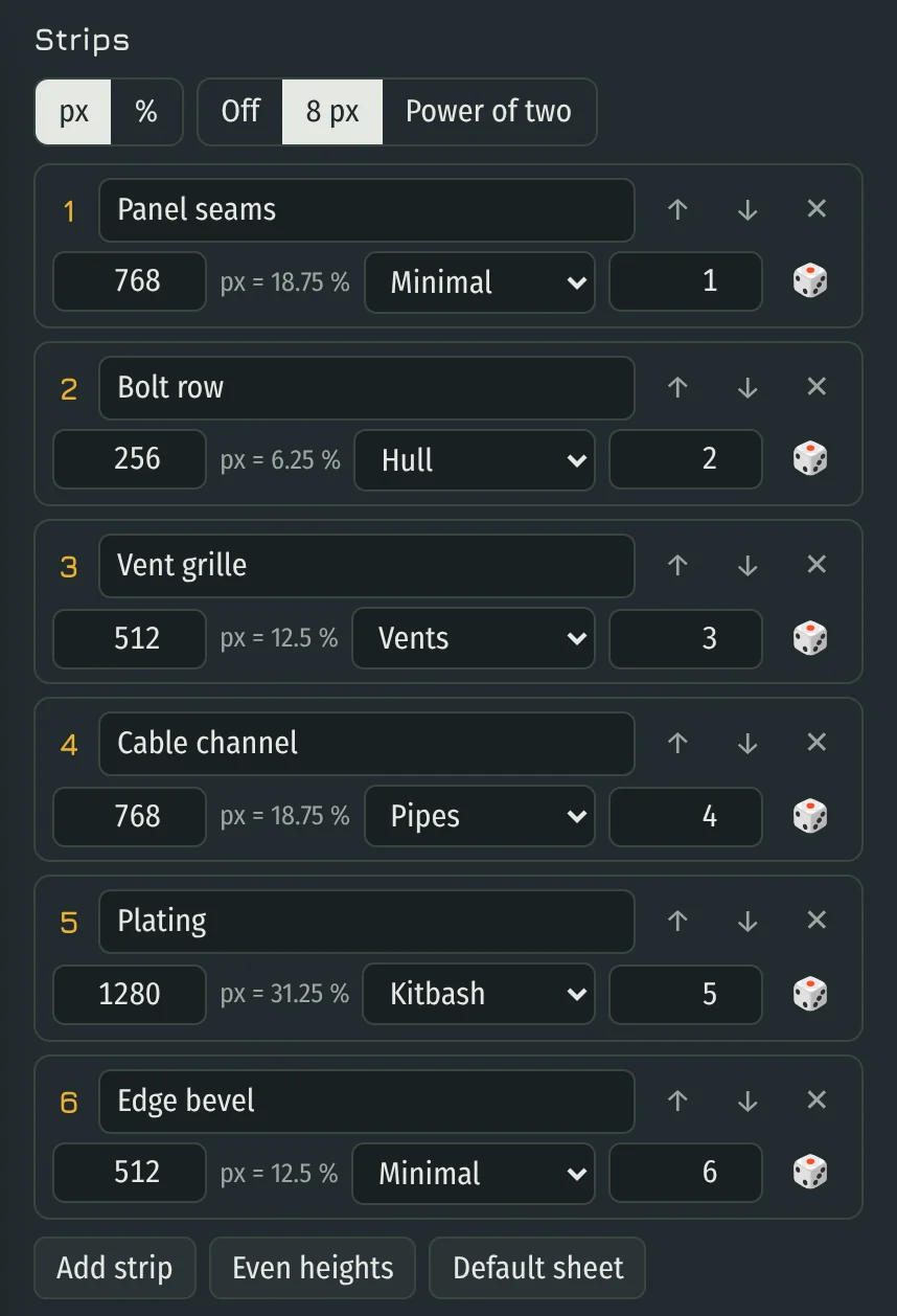Strips tab with six strip cards and Add strip, Even heights, Default sheet